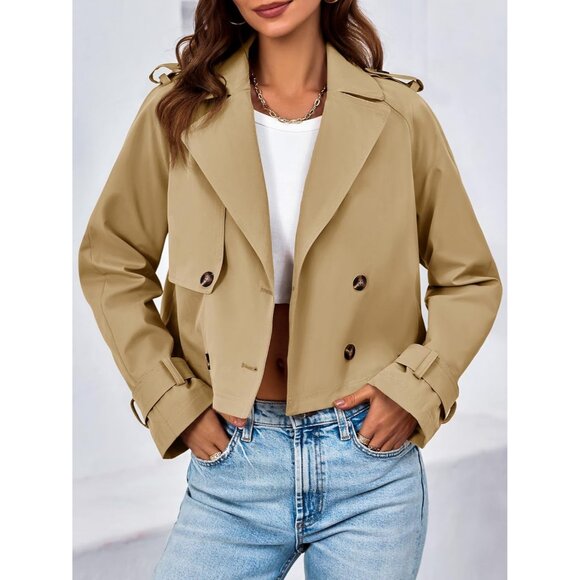 Womens Khaki Cropped Trench Coat Lapel Double Breasted Short Jacket Outwear - Picture 2 of 5
